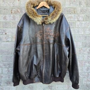 Pelle Pelle Marc Buchanan Mens Leather Coat Jacket Brown Bronze Rustic Fur Hood
